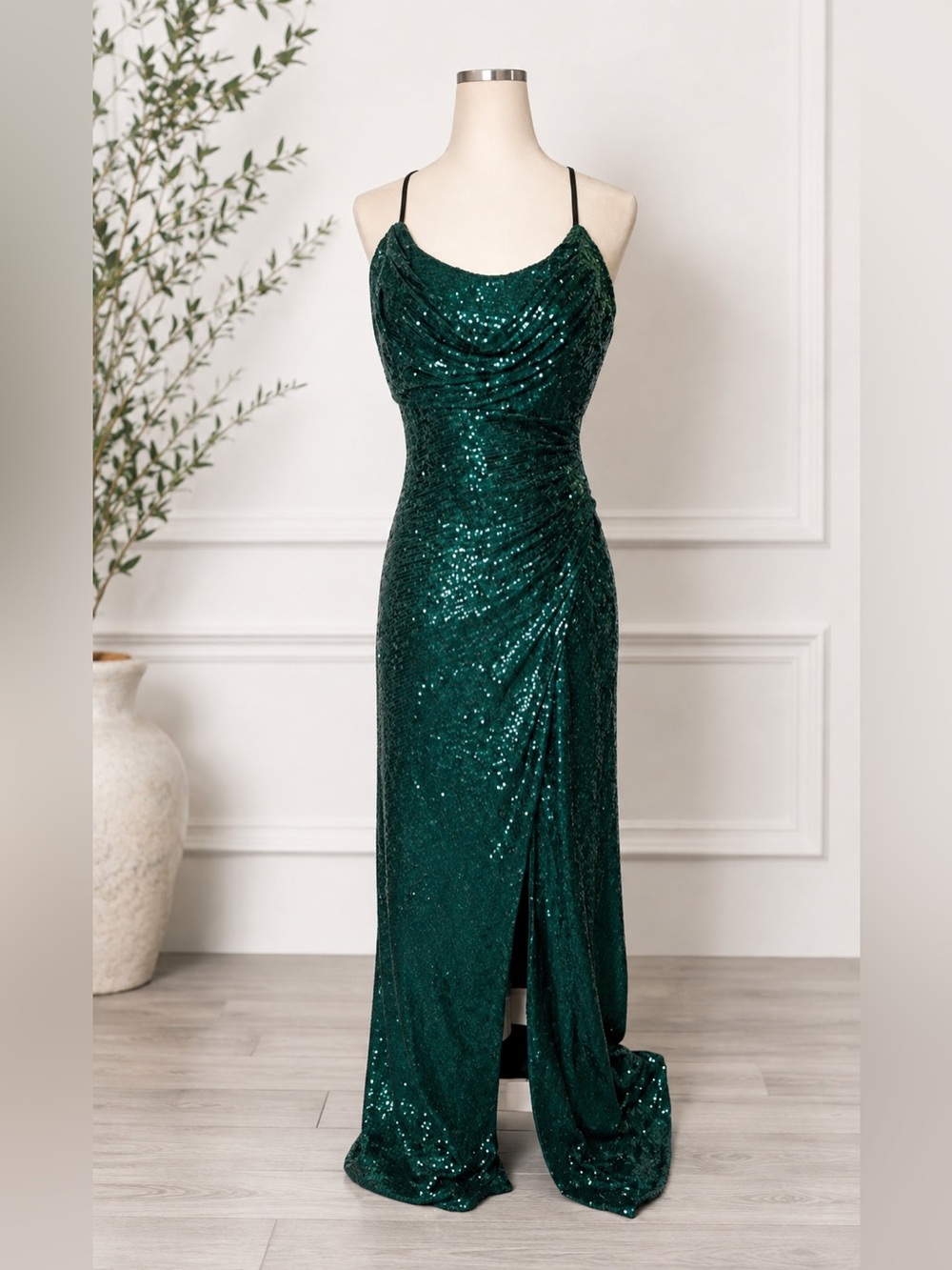 Nightway Emerald Green Sequin Cowl Neck Homecoming Formal Gown Slit 10